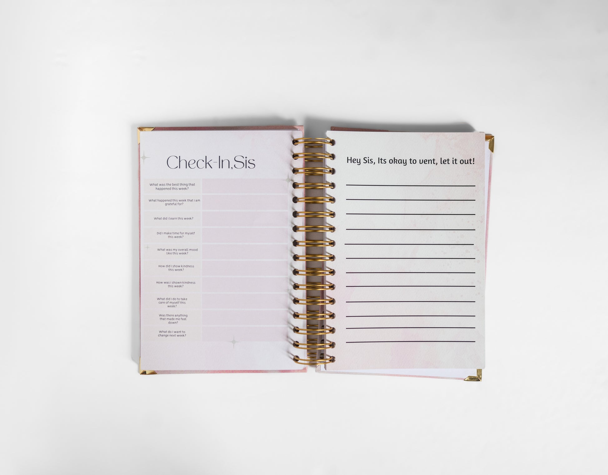A Prison Wives Journal with a dedicated section for weekly check-ins and venting. The journal provides a safe and supportive space for prison wives to reflect on their emotions, experiences, and challenges throughout the week. The check-in pages allow them to track their progress, set goals, and celebrate accomplishments